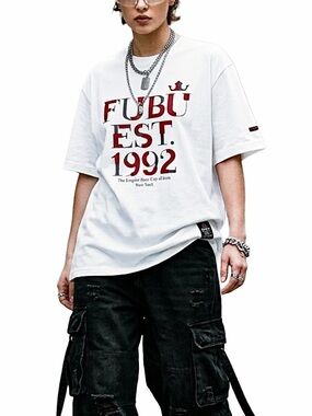 Y2K FUBU The Collection white cotton red velvet spellout crew neck t shirt L